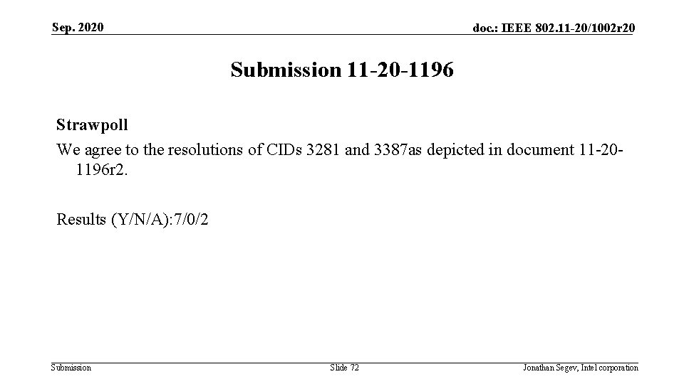 Sep. 2020 doc. : IEEE 802. 11 -20/1002 r 20 Submission 11 -20 -1196