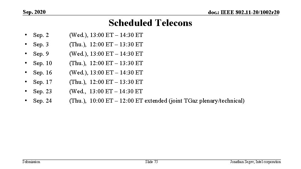 Sep. 2020 doc. : IEEE 802. 11 -20/1002 r 20 Scheduled Telecons • •