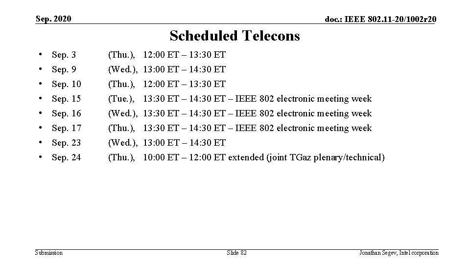 Sep. 2020 doc. : IEEE 802. 11 -20/1002 r 20 Scheduled Telecons • •