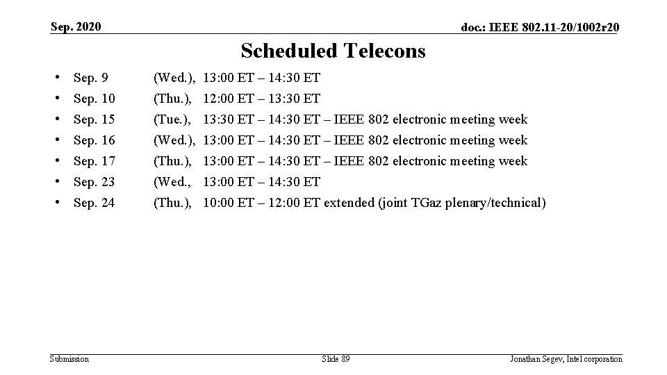 Sep. 2020 doc. : IEEE 802. 11 -20/1002 r 20 Scheduled Telecons • •