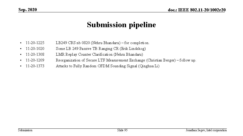 Sep. 2020 doc. : IEEE 802. 11 -20/1002 r 20 Submission pipeline • •