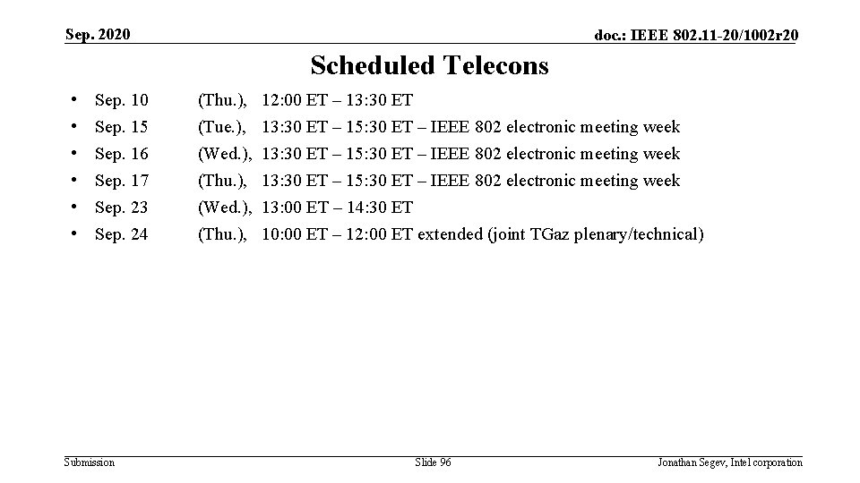 Sep. 2020 doc. : IEEE 802. 11 -20/1002 r 20 Scheduled Telecons • •