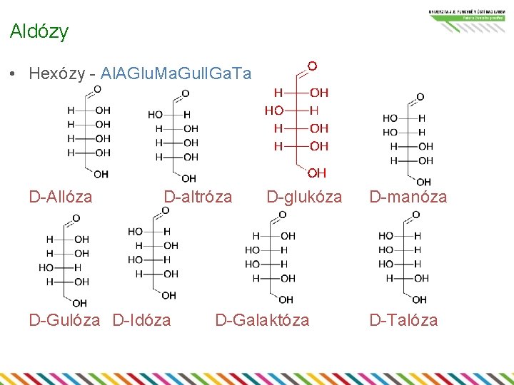 Aldózy • Hexózy - Al. AGlu. Ma. Gul. IGa. Ta D-Allóza D-altróza D-Gulóza D-Idóza