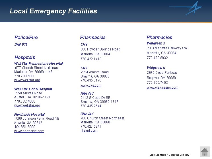 Local Emergency Facilities Police/Fire Pharmacies Dial 911 CVS 300 Powder Springs Road Marietta, GA