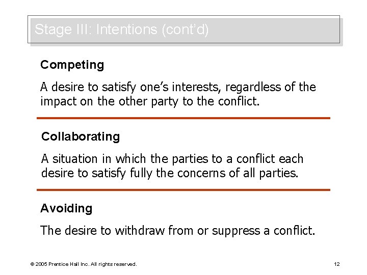 Stage III: Intentions (cont’d) Competing A desire to satisfy one’s interests, regardless of the