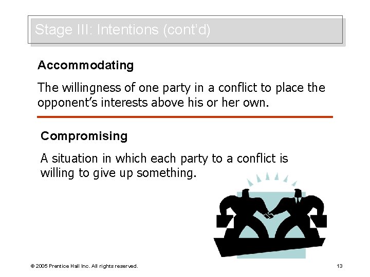 Stage III: Intentions (cont’d) Accommodating The willingness of one party in a conflict to