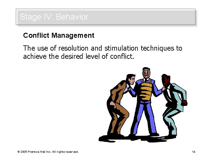 Stage IV: Behavior Conflict Management The use of resolution and stimulation techniques to achieve