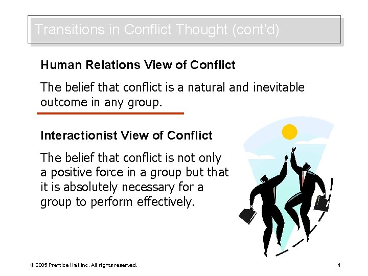 Transitions in Conflict Thought (cont’d) Human Relations View of Conflict The belief that conflict