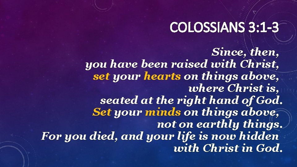 COLOSSIANS 3: 1 -3 Since, then, you have been raised with Christ, set your