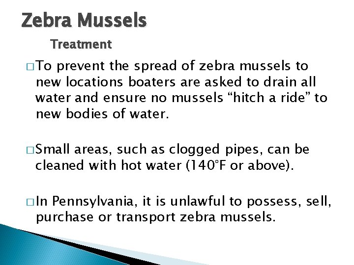 Zebra Mussels Treatment � To prevent the spread of zebra mussels to new locations Zebra Mussels Treatment � To prevent the spread of zebra mussels to new locations