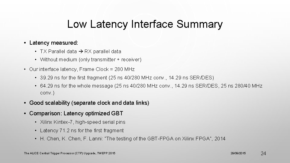 Low Latency Interface Summary • Latency measured: • TX Parallel data RX parallel data