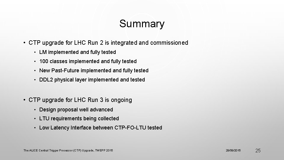 Summary • CTP upgrade for LHC Run 2 is integrated and commissioned • LM