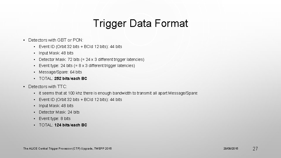 Trigger Data Format • Detectors with GBT or PON: • Event ID (Orbit 32