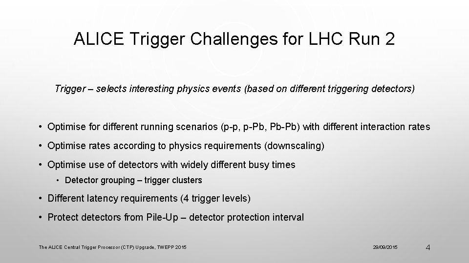 ALICE Trigger Challenges for LHC Run 2 Trigger – selects interesting physics events (based