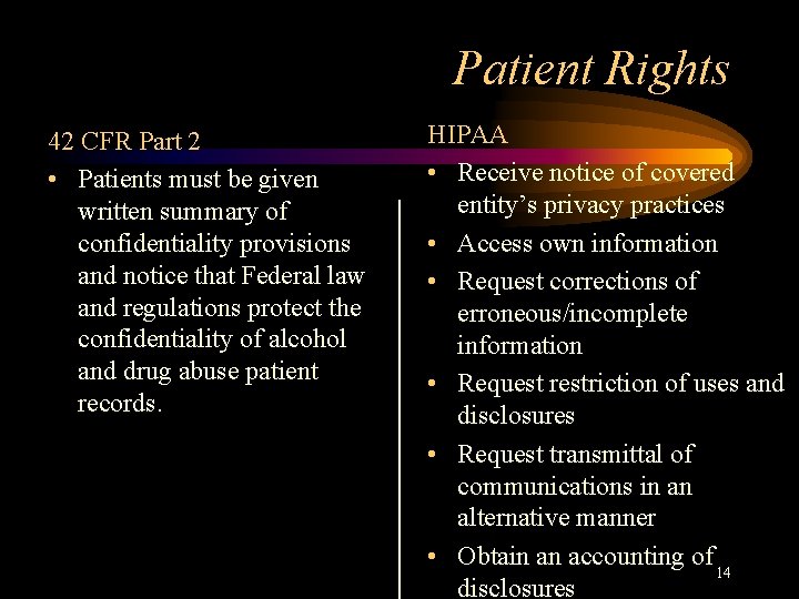 Patient Rights 42 CFR Part 2 • Patients must be given written summary of