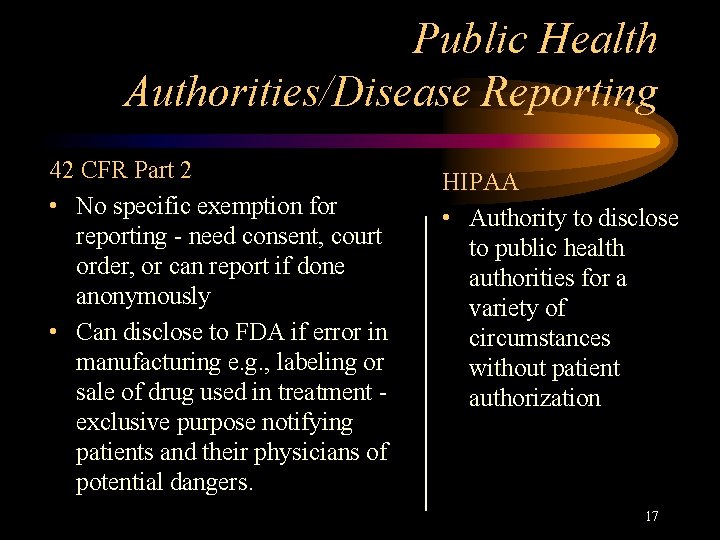 Public Health Authorities/Disease Reporting 42 CFR Part 2 • No specific exemption for reporting