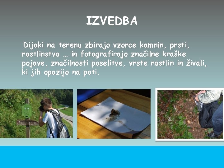 IZVEDBA Dijaki na terenu zbirajo vzorce kamnin, prsti, rastlinstva … in fotografirajo značilne kraške