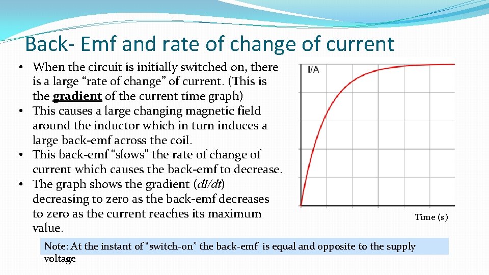 Back- Emf and rate of change of current • When the circuit is initially