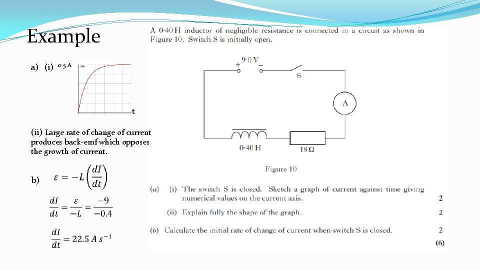 Example a) (i) 0. 5 A t (ii) Large rate of change of current