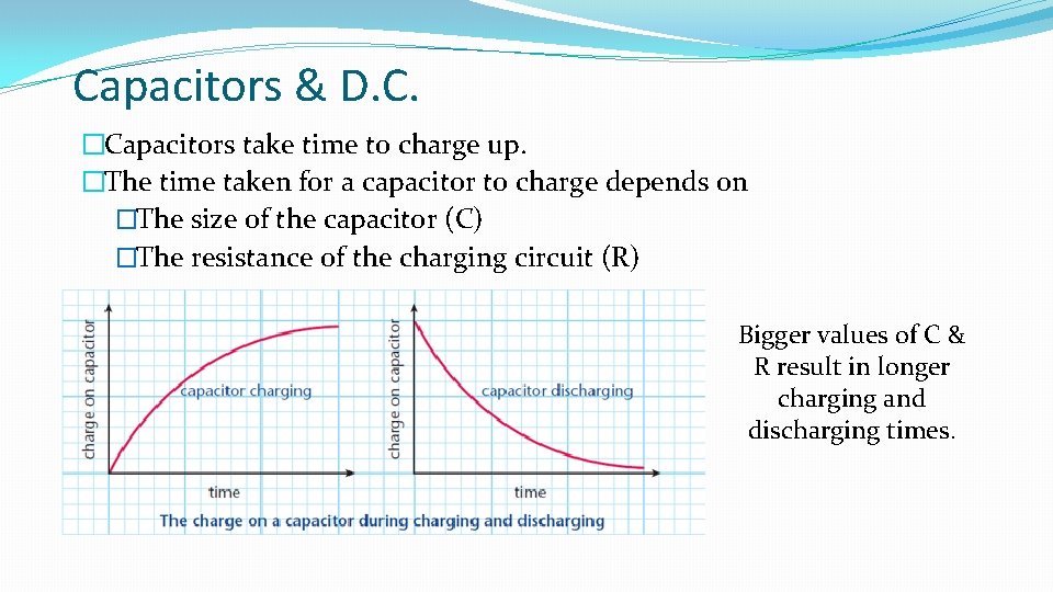 Capacitors & D. C. �Capacitors take time to charge up. �The time taken for
