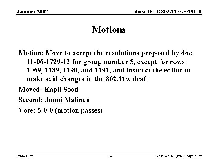 January 2007 doc. : IEEE 802. 11 -07/0191 r 0 Motions Motion: Move to