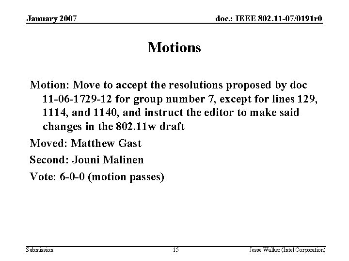 January 2007 doc. : IEEE 802. 11 -07/0191 r 0 Motions Motion: Move to