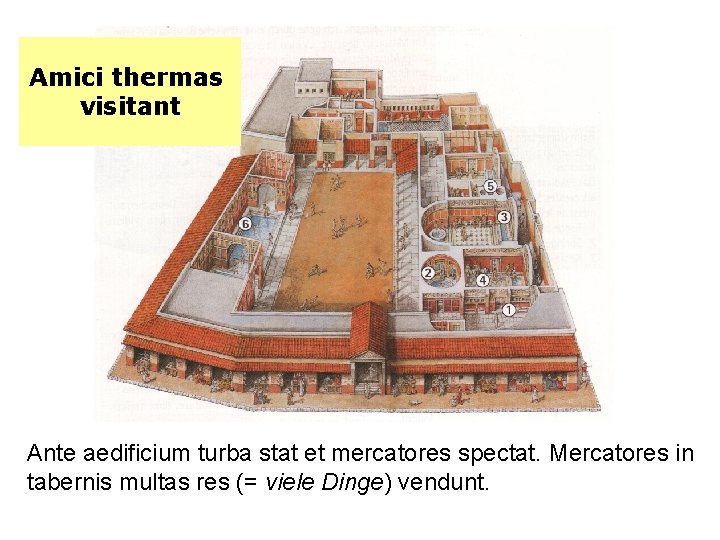 Amici thermas visitant Ante aedificium turba stat et mercatores spectat. Mercatores in tabernis multas