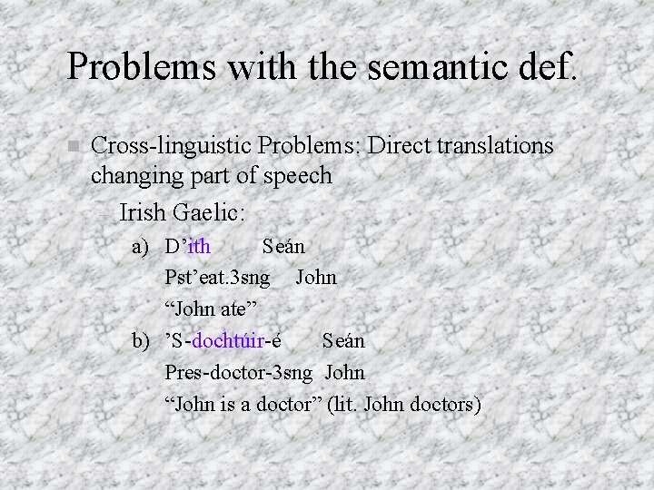 Problems with the semantic def. Cross-linguistic Problems: Direct translations changing part of speech –