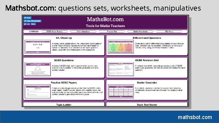 Mathsbot. com: questions sets, worksheets, manipulatives mathsbot. com 