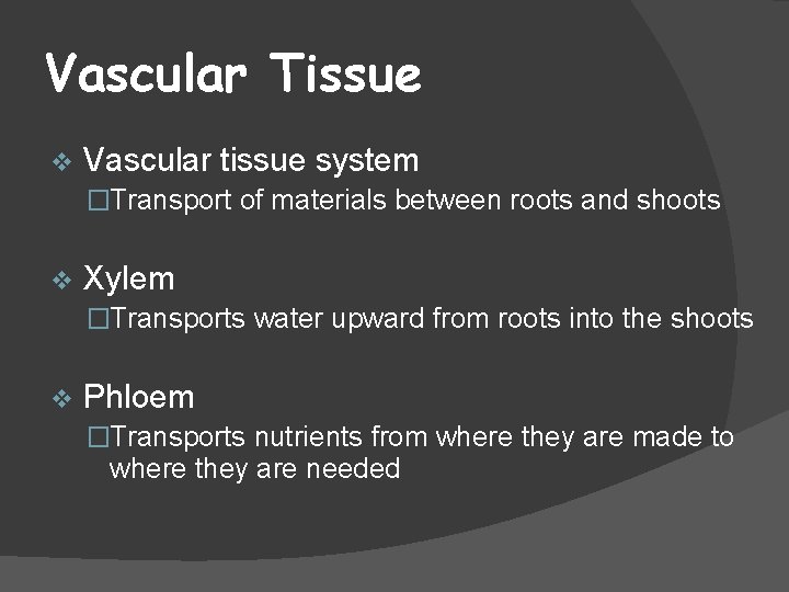 Vascular Tissue v Vascular tissue system �Transport of materials between roots and shoots v