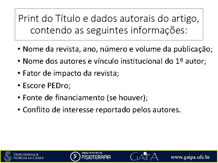 Print do Título e dados autorais do artigo, contendo as seguintes informações: • Nome