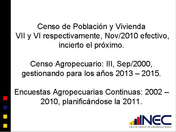 Censo de Población y Vivienda VII y VI respectivamente, Nov/2010 efectivo, incierto el próximo.