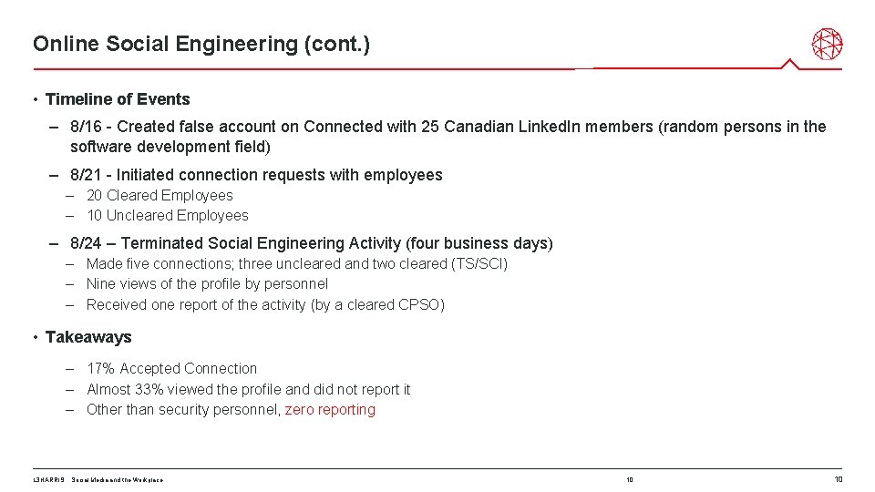 Online Social Engineering (cont. ) • Timeline of Events – 8/16 - Created false