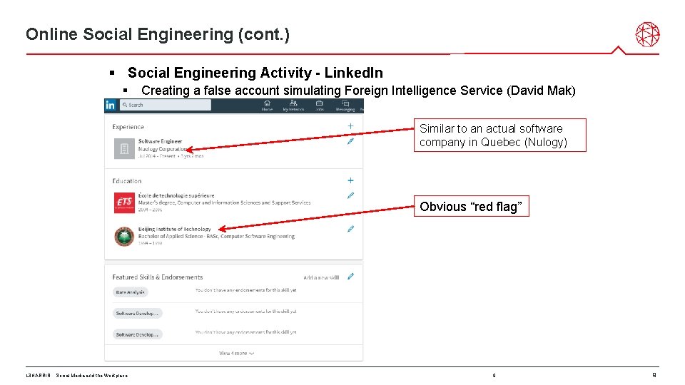 Online Social Engineering (cont. ) § Social Engineering Activity - Linked. In § Creating