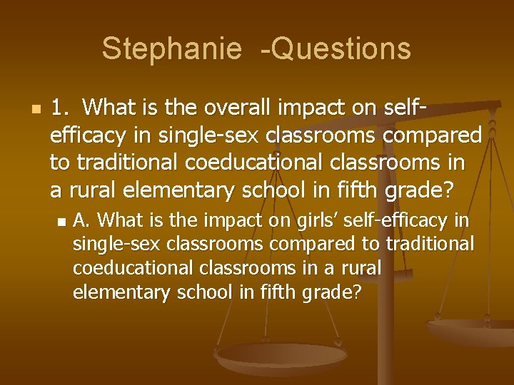 Stephanie -Questions n 1. What is the overall impact on selfefficacy in single-sex classrooms