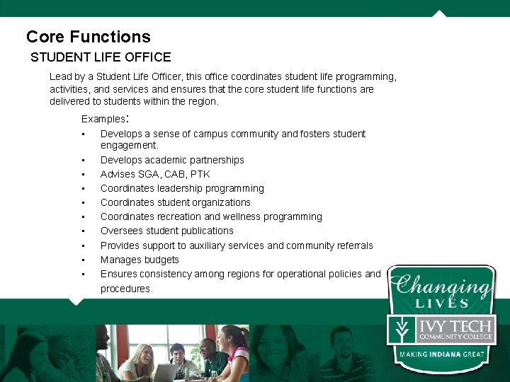 Core Functions STUDENT LIFE OFFICE Lead by a Student Life Officer, this office coordinates