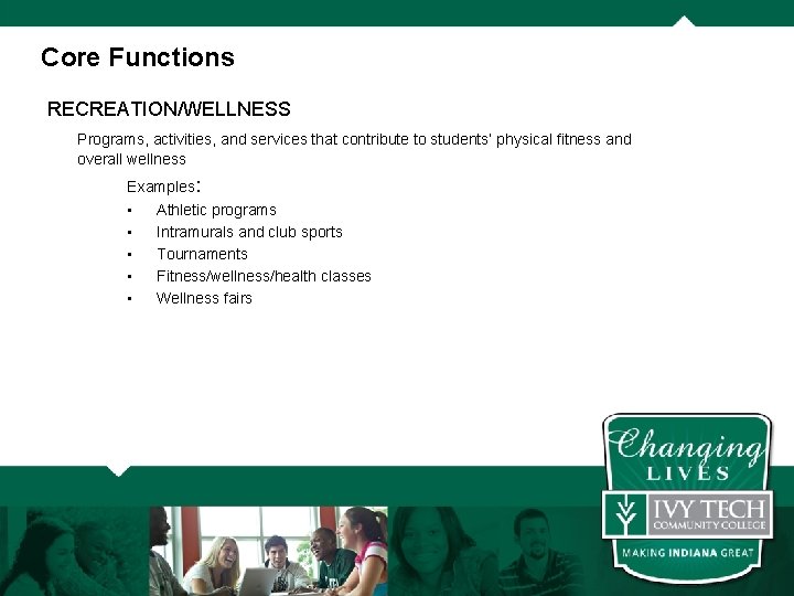 Core Functions RECREATION/WELLNESS Programs, activities, and services that contribute to students’ physical fitness and