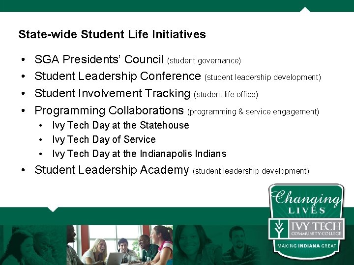 State-wide Student Life Initiatives • • SGA Presidents’ Council (student governance) Student Leadership Conference
