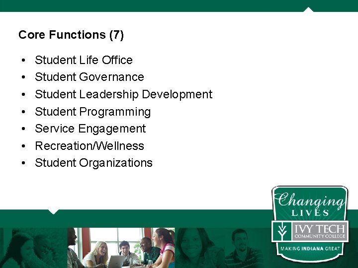 Core Functions (7) • • Student Life Office Student Governance Student Leadership Development Student