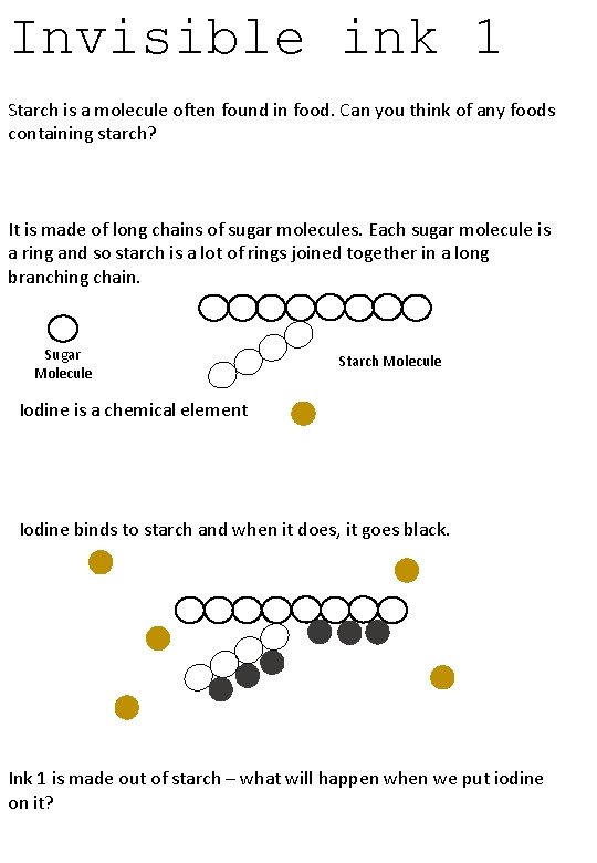 Invisible ink 1 Starch is a molecule often found in food. Can you think