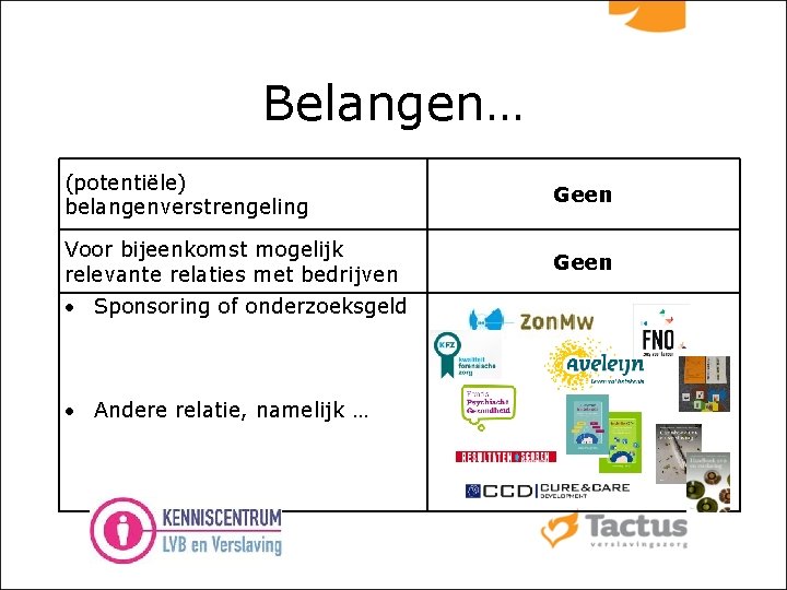 Belangen… (potentiële) belangenverstrengeling Geen Voor bijeenkomst mogelijk relevante relaties met bedrijven Geen Sponsoring of