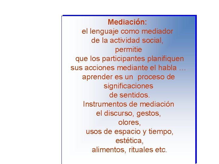 Mediación: el lenguaje como mediador de la actividad social, permitie que los participantes planifiquen