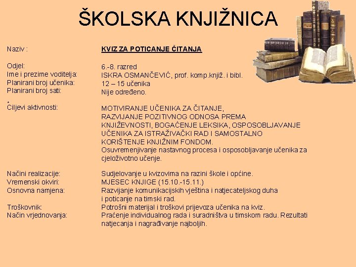 ŠKOLSKA KNJIŽNICA Naziv : KVIZ ZA POTICANJE ČITANJA Odjel: Ime i prezime voditelja: Planirani