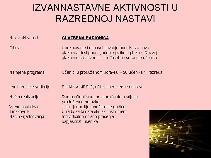 IZVANNASTAVNE AKTIVNOSTI U RAZREDNOJ NASTAVI Naziv aktivnosti: GLAZBENA RADIONICA Ciljevi: Upoznavanje i osposobljavanje učenika