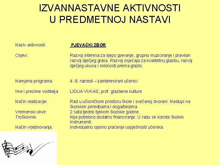 IZVANNASTAVNE AKTIVNOSTI U PREDMETNOJ NASTAVI Naziv aktivnosti: PJEVAČKI ZBOR Ciljevi: Razvoj interesa za lijepo