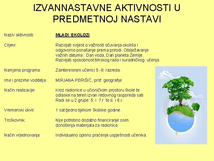 IZVANNASTAVNE AKTIVNOSTI U PREDMETNOJ NASTAVI Naziv aktivnosti: MLADI EKOLOZI Ciljevi: Razvijati svijest o važnosti