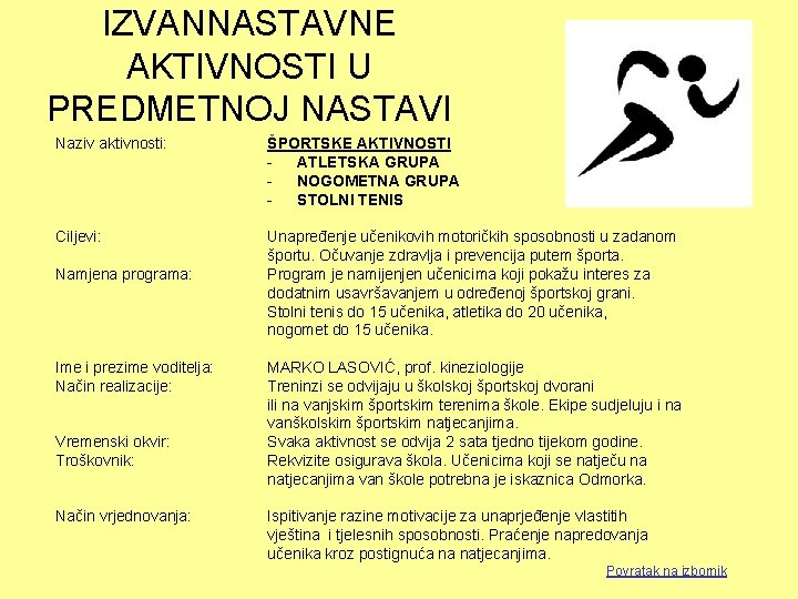 IZVANNASTAVNE AKTIVNOSTI U PREDMETNOJ NASTAVI Naziv aktivnosti: ŠPORTSKE AKTIVNOSTI ATLETSKA GRUPA NOGOMETNA GRUPA STOLNI