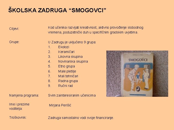 ŠKOLSKA ZADRUGA “SMOGOVCI” Ciljevi: Kod učenika razvijati kreativnost, aktivno provođenje slobodnog vremena, poduzetnički duh