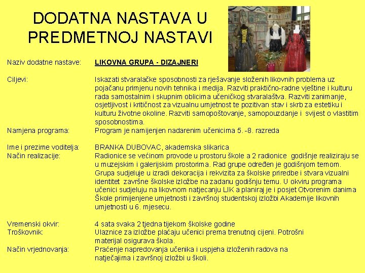 DODATNA NASTAVA U PREDMETNOJ NASTAVI Naziv dodatne nastave: LIKOVNA GRUPA - DIZAJNERI Ciljevi: Iskazati