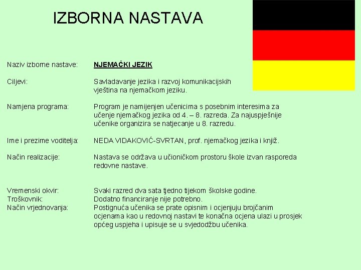 IZBORNA NASTAVA Naziv izborne nastave: NJEMAČKI JEZIK Ciljevi: Savladavanje jezika i razvoj komunikacijskih vještina